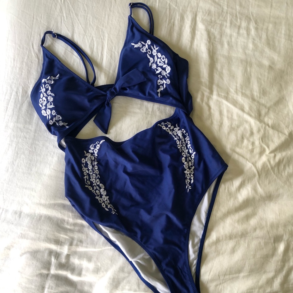 Blue and white swimsuit